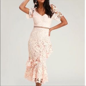 Lulu’s Briarwood Blush Blush Pink Lace Ruffle Midi Dress